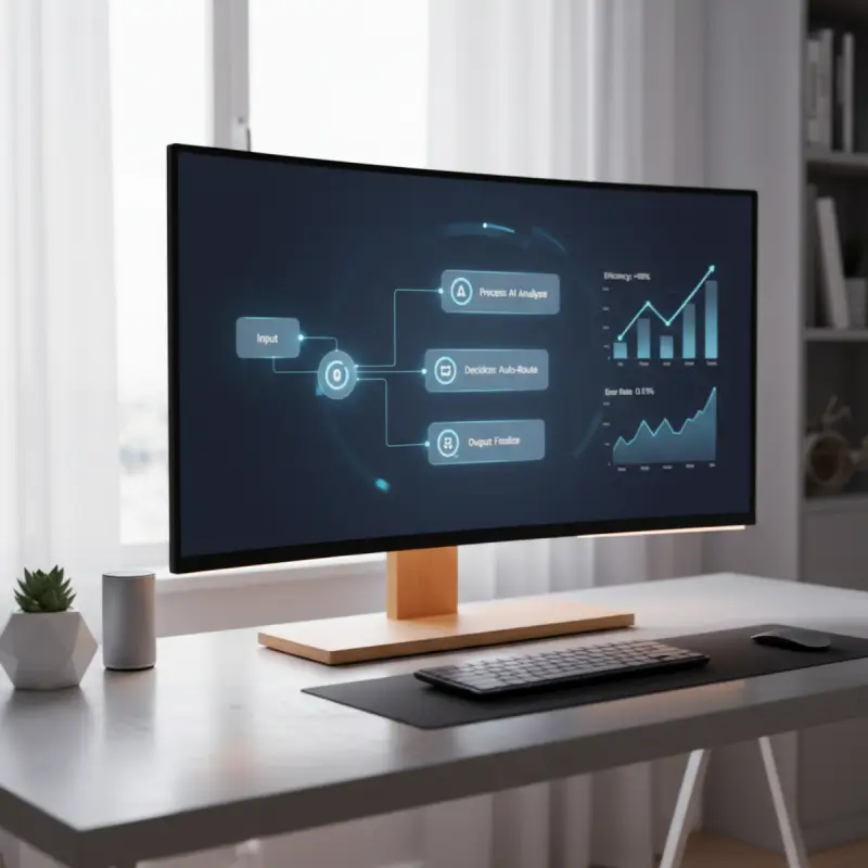 Tölvuskjár sem sýnir sjálfvirkt vinnuferli með AI lausn